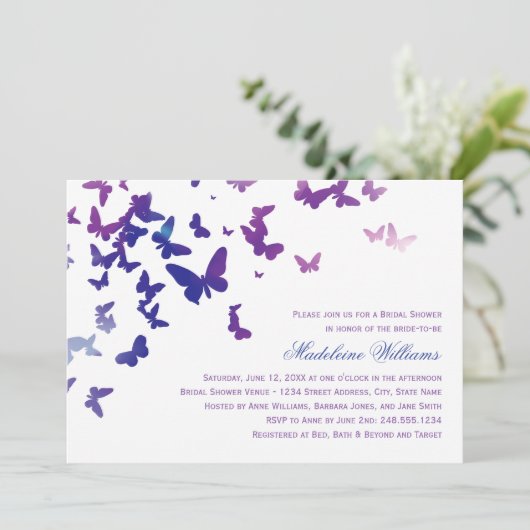紫エレガントと青の蝶ブライダルシャワー 招待状 (スタンド正面)