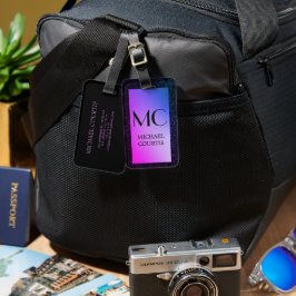 紫エレガントと黒のメタリックモノグラムの名 ラゲッジタグ