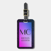 紫エレガントと黒のメタリックモノグラムの名 ラゲッジタグ (正面縦)