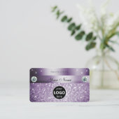 紫エレガントのグリッターきらめくスターとロゴ 名刺 (スタンド正面)