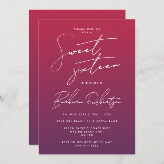 紫エレガントのスグラデーションクリプトSweet sixteen 招待状 (正面/裏面)