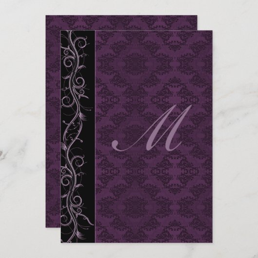 紫エレガントのダマスクの結婚式 招待状 (正面/裏面)