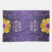 紫エレガントのデイジーと金のグリッター結婚 キッチンタオル (横)
