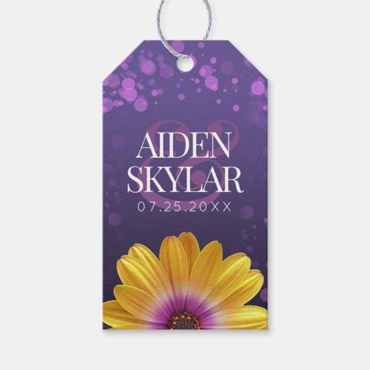 紫エレガントのデイジーと金のグリッター結婚 ギフトタグ (正面)