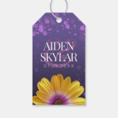 紫エレガントのデイジーと金のグリッター結婚 ギフトタグ (裏面)