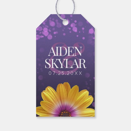 紫エレガントのデイジーと金のグリッター結婚 ギフトタグ (裏面)