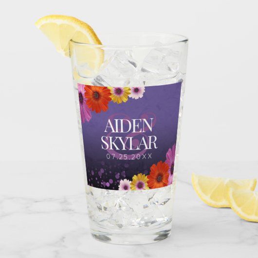 紫エレガントのデイジーと金のグリッター結婚 タンブラーグラス (アイス正面)
