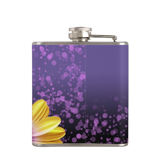 紫エレガントのデイジーと金のグリッター結婚 フラスク (裏面)