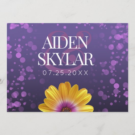 紫エレガントのデイジーと金のグリッター結婚 プログラム (裏面)