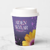 紫エレガントのデイジーと金のグリッター結婚 紙コップ (正面)