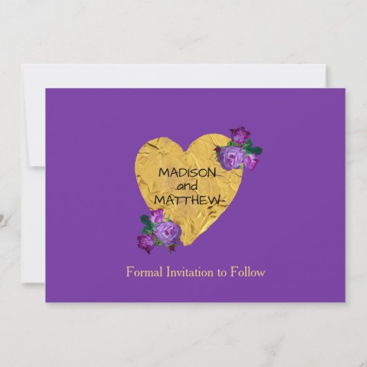 紫エレガントのバラとストライプ日付カードの保存 セーブザデート (裏面)