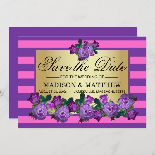 紫エレガントのバラとストライプ日付カードの保存 セーブザデート (正面/裏面)