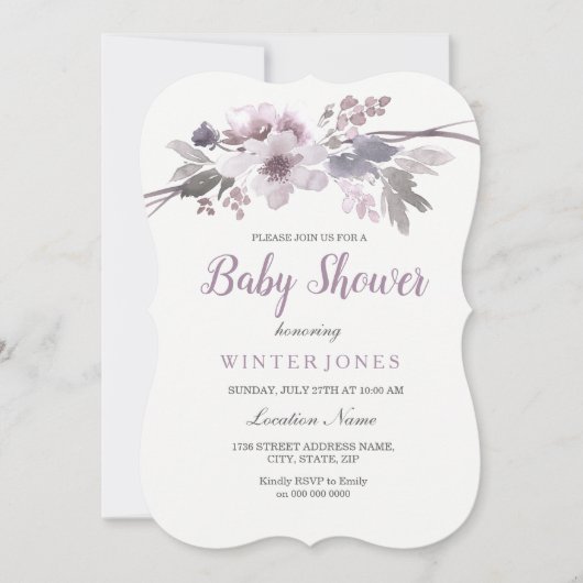 紫エレガントのフローラの女の子または男の子のシャワー 招待状 (正面)