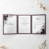 紫エレガントのフローラの水の色の結婚食事 三つ折り招待状 (内部)