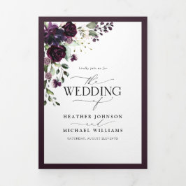 紫エレガントのフローラの水の色の結婚食事 三つ折り招待状