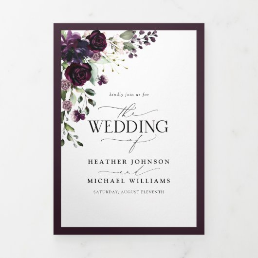 紫エレガントのフローラの水の色の結婚食事 三つ折り招待状 (カバー)