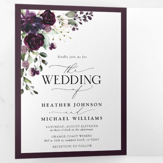 紫エレガントのフローラの水の色の結婚食事 三つ折り招待状 (内部最初)