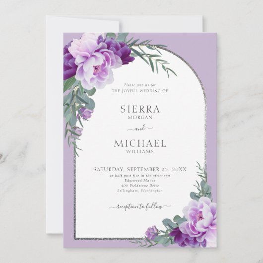 紫エレガントのフローラの葉シルバーア結婚チ 招待状 (正面)