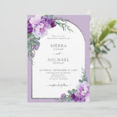 紫エレガントのフローラの葉シルバーア結婚チ 招待状 (スタンド正面)