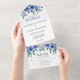 紫エレガントのフローラモダン冬の結婚式 オールインワン招待状