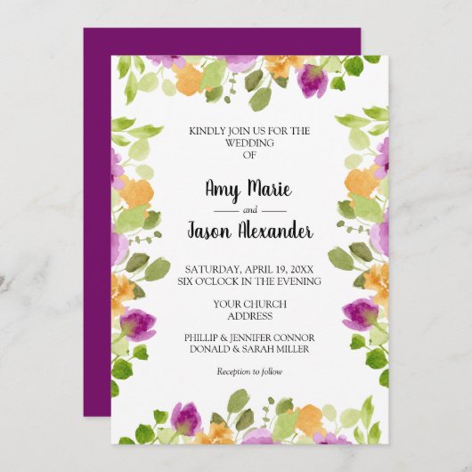 紫エレガントのフローラ水色 招待状 (正面/裏面)