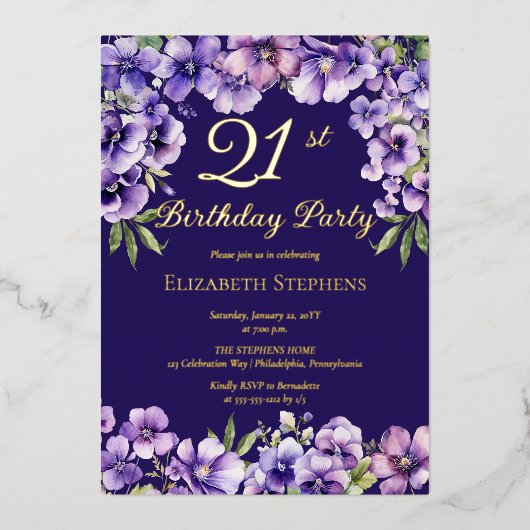 紫エレガントのフローラ21歳の誕生日パーティー 箔招待状 (正面)