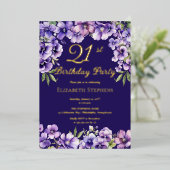 紫エレガントのフローラ21歳の誕生日パーティー 箔招待状 (立ち正面)