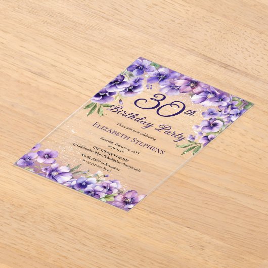 紫エレガントのフローラ30歳の誕生日パーティー アクリル招待状 (レイダウン)