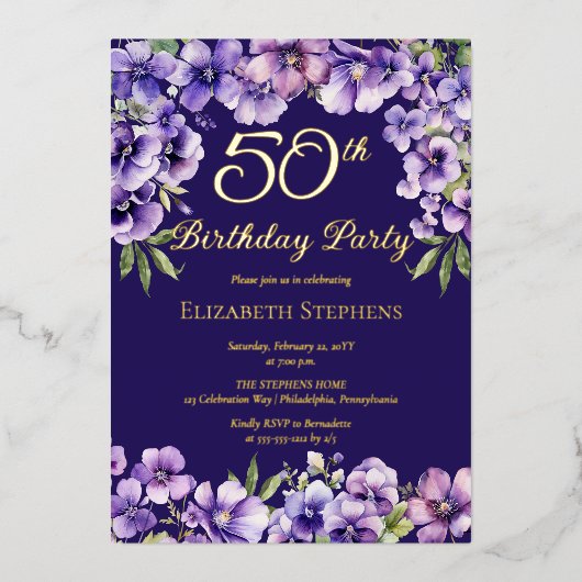 紫エレガントのフローラ50th誕生日パーティー 箔招待状 (正面)