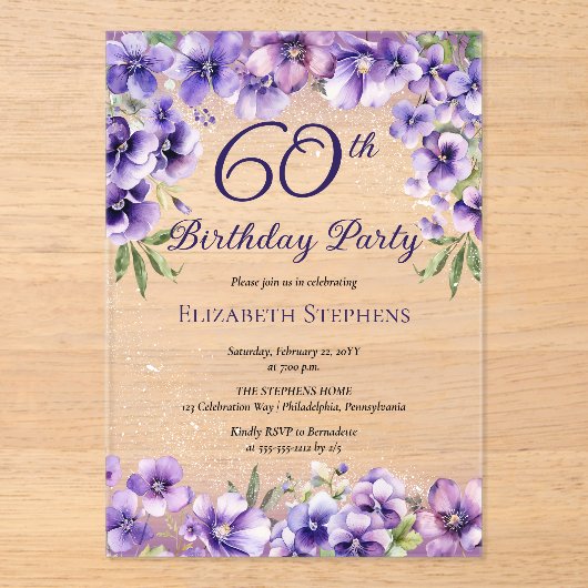 紫エレガントのフローラ60th誕生日パーティー アクリル招待状 (正面)