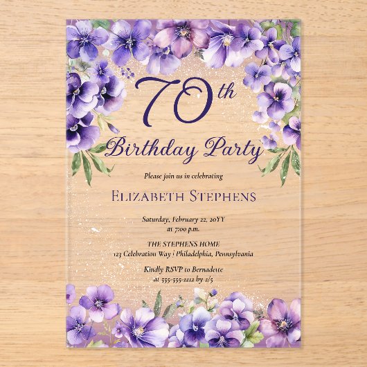 紫エレガントのフローラ70th誕生日パーティー アクリル招待状 (正面)