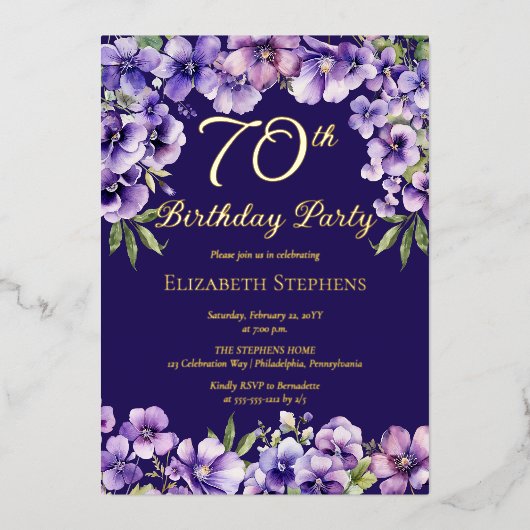 紫エレガントのフローラ70th誕生日パーティー 箔招待状 (正面)