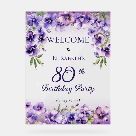 紫エレガントのフローラ80th誕生日パーティー アクリルサイン (正面)