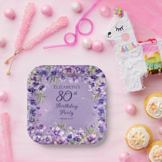 紫エレガントのフローラ80th誕生日パーティー ペーパープレート (パーティー)