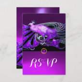 紫エレガントの孔雀、黒の結婚式RSVP 出欠カード (正面/裏面)