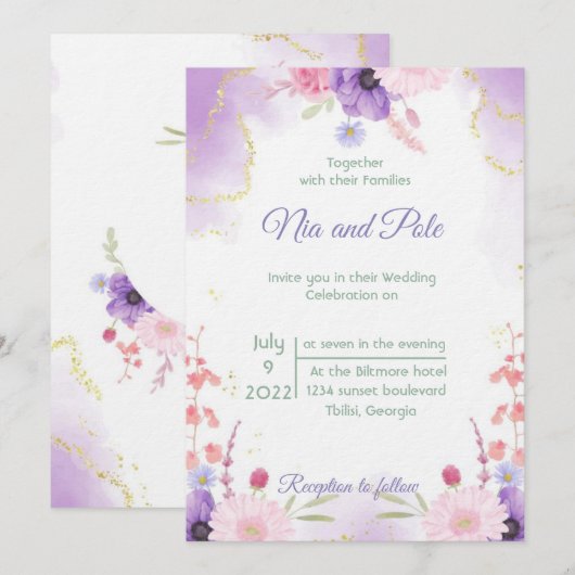 紫エレガントの招待 招待状 (正面/裏面)