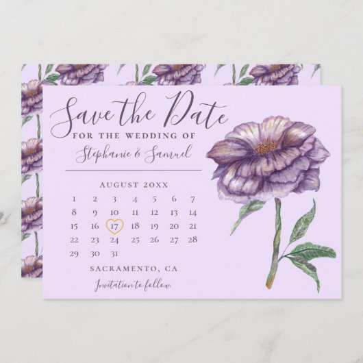 紫エレガントの水彩フローラの結婚カレンダー セーブザデート (正面/裏面)