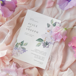 紫エレガントの水彩花と緑 招待状