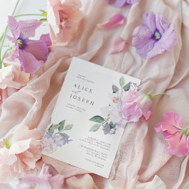 紫エレガントの水彩花と緑 招待状