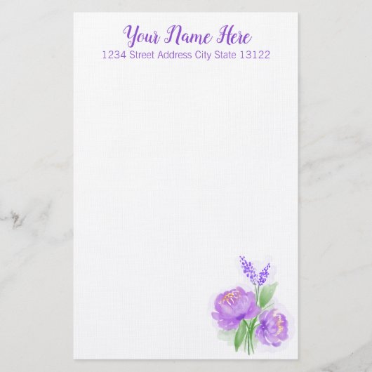 紫エレガントの水彩花 便箋 (正面)