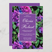 紫エレガントの水色の花模様の花結婚の 招待状 (正面/裏面)