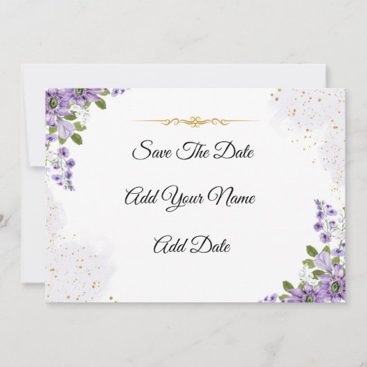 紫エレガントの花の日付を保存 招待状 (正面)
