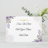 紫エレガントの花の日付を保存 招待状 (スタンド正面)