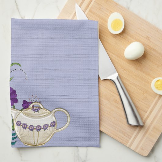 紫エレガントの花をセットした中国茶 キッチンタオル (四つ折り)