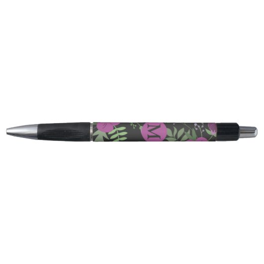 紫エレガントの花アートonブラックモノグラム ボールペン (正面)