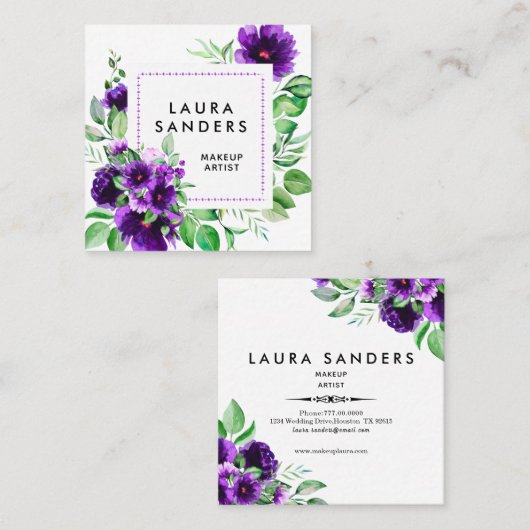 紫エレガントの花メイクアップアーティスト スクエア名刺 (正面/裏面)
