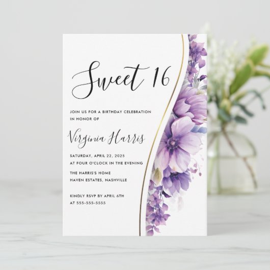 紫エレガントの葉Sweet sixteen16誕生日 招待状 (スタンド正面)