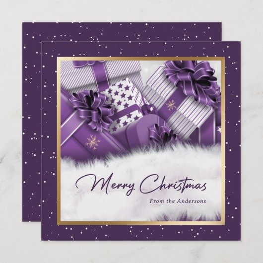 紫エレガントの金ゴールド贈り物雪のクリスマスカード シーズンカード (正面/裏面)