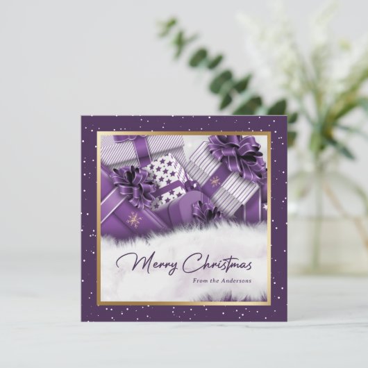 紫エレガントの金ゴールド贈り物雪のクリスマスカード シーズンカード (スタンド正面)