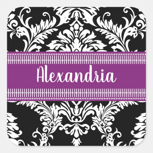 紫エレガントアクセント付き白黒ダマスク スクエアシール (正面)
